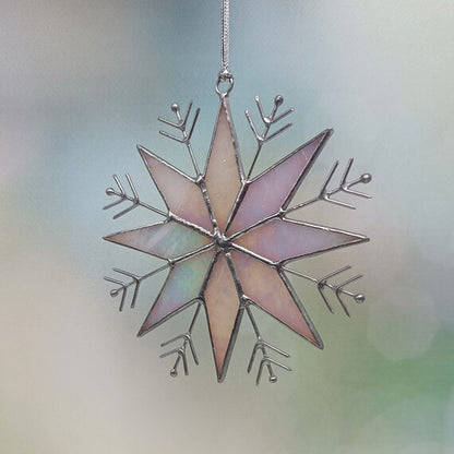 Stained Glass Snowflake Ornament – Handmade Iridescent Holiday Suncatcher