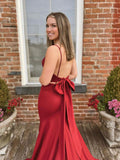 Simple v neck satin burgundy long prom dress, evening dress