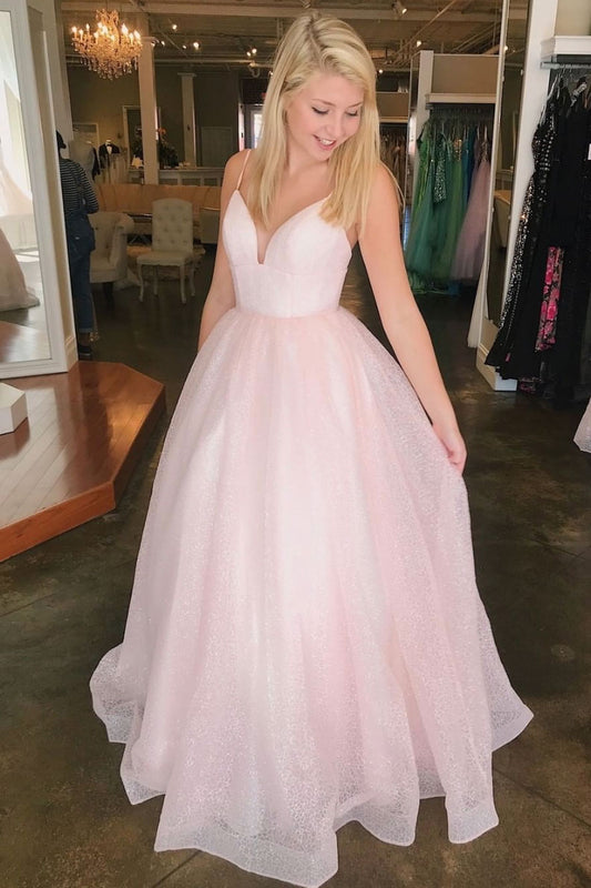 Pink v neck tulle long prom dress pink tulle formal dress