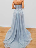 Gray blue tulle sequin long prom dress, gray blue tulle evening dress