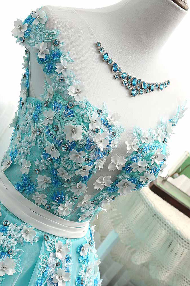 Green round neck tulle lace applique long prom dress, green evening dress