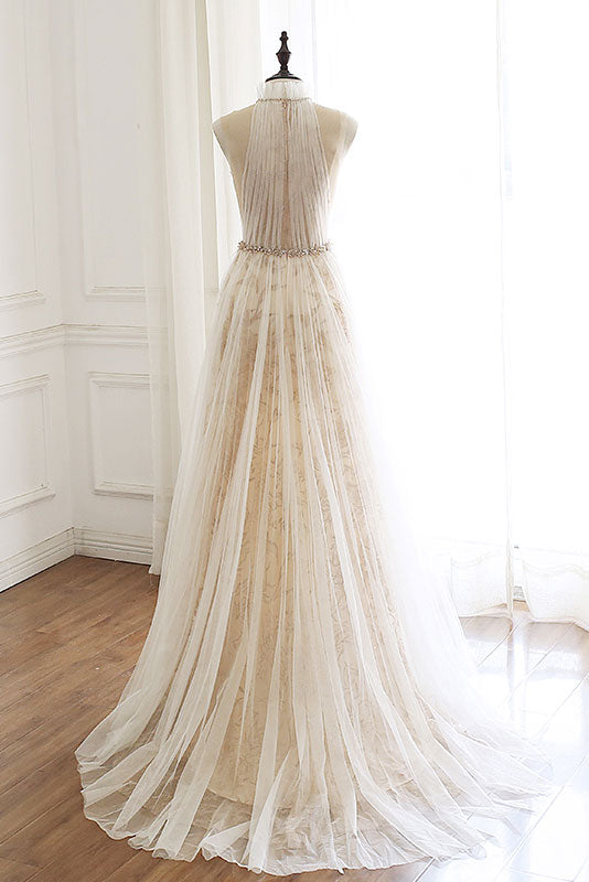 Light champagne tulle lace long prom dress, formal dress