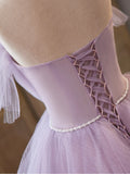 Purple A-line Tulle Long Prom Gown, Purple Long Formal Dress