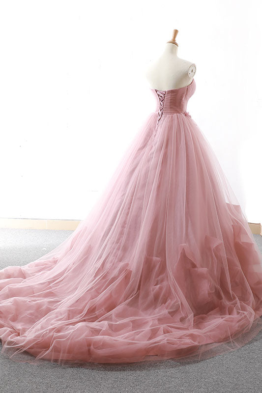 Pink sweetheart tulle long prom gown, tulle evening dress
