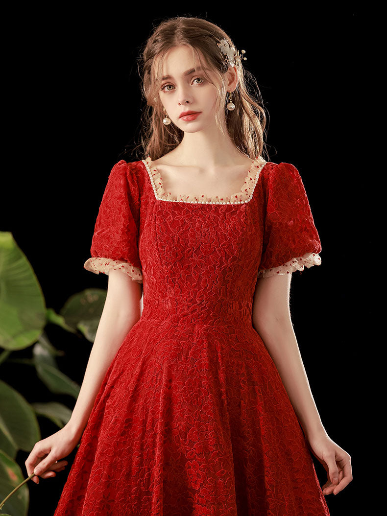 Burgundy lace short prom dress, burgundy lace homecoming dress