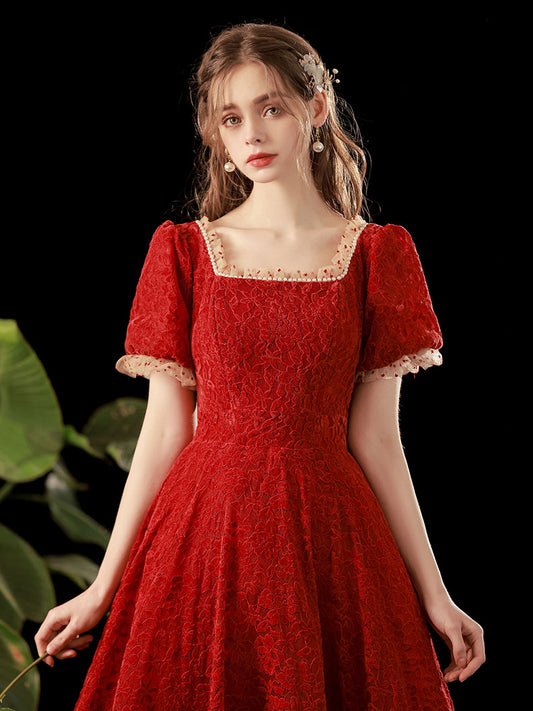 Burgundy lace short prom dress, burgundy lace homecoming dress