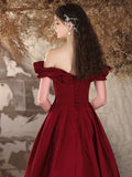 A-Line Off Shoulder Satin Burgundy Long Prom Dress