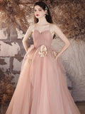 A-Line V Neck Tulle Flower Pink Long Prom Dress, Pink Long Evening Dress
