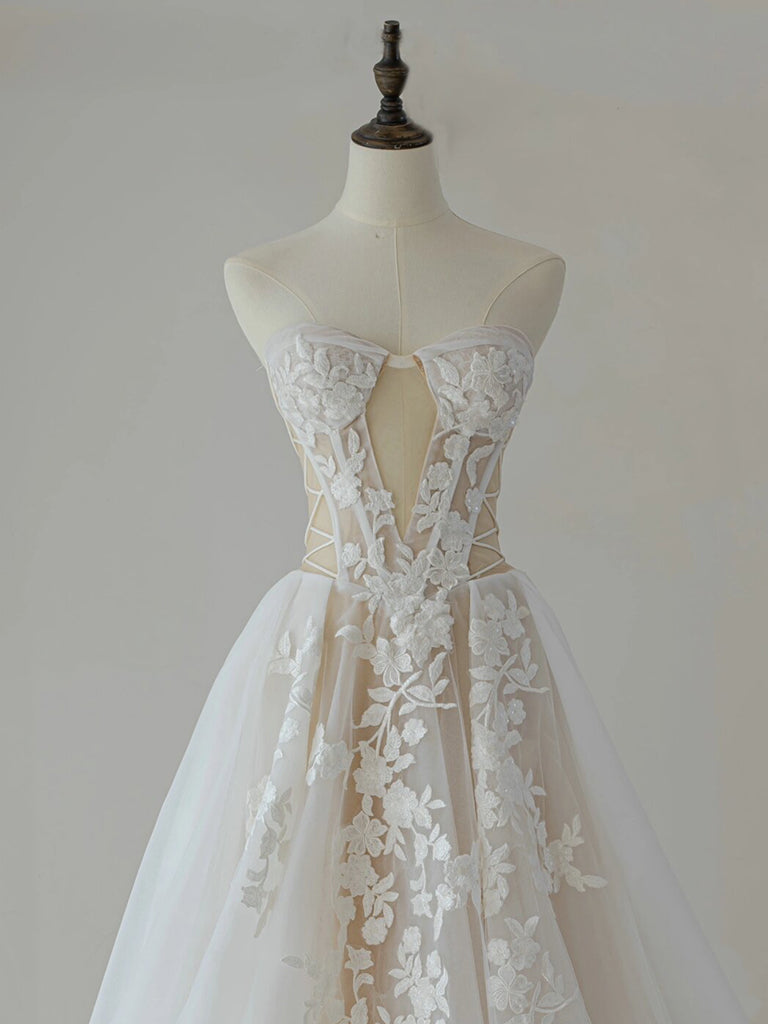 Light Champagne A-Line Lace Tulle Long Prom Dress, Lace Tulle Formal Dress