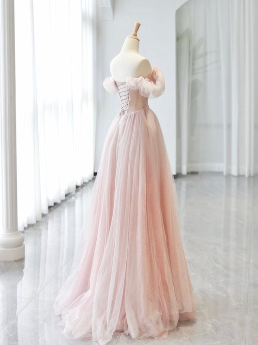 A-Line Sweetheart Neck Off Shoulder Tulle Pink Long Prom Dress, Pink Long Formal Dress