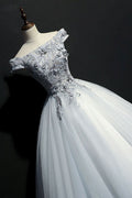Gray tulle lace off shoulder long prom dress, gray evening dress
