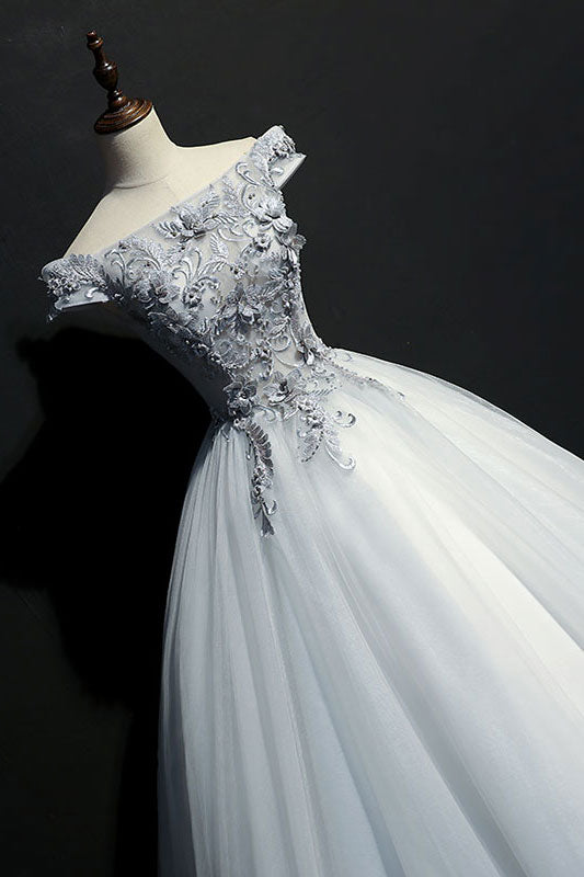 Gray tulle lace off shoulder long prom dress, gray evening dress