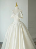A-Line Off Shoulder Satin ivory Long Prom Dress, ivory Long Formal Dress