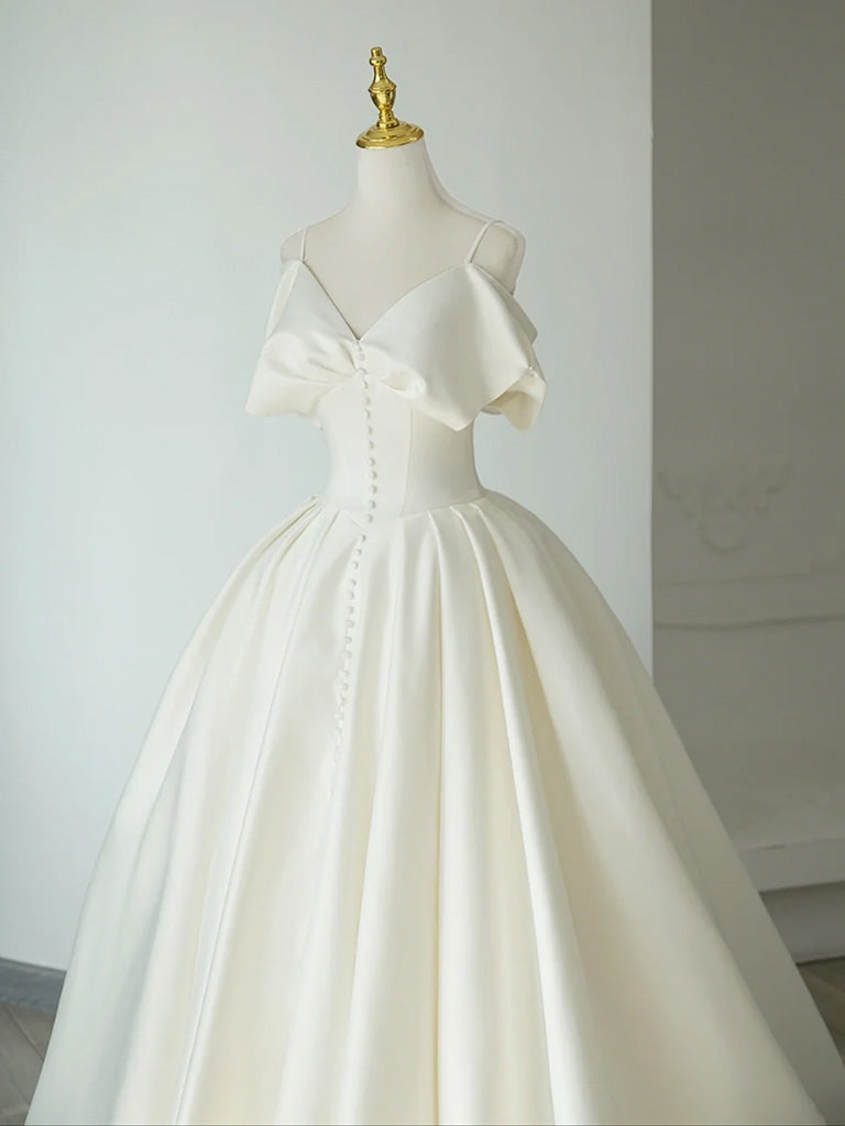 A-Line Off Shoulder Satin ivory Long Prom Dress, ivory Long Formal Dress