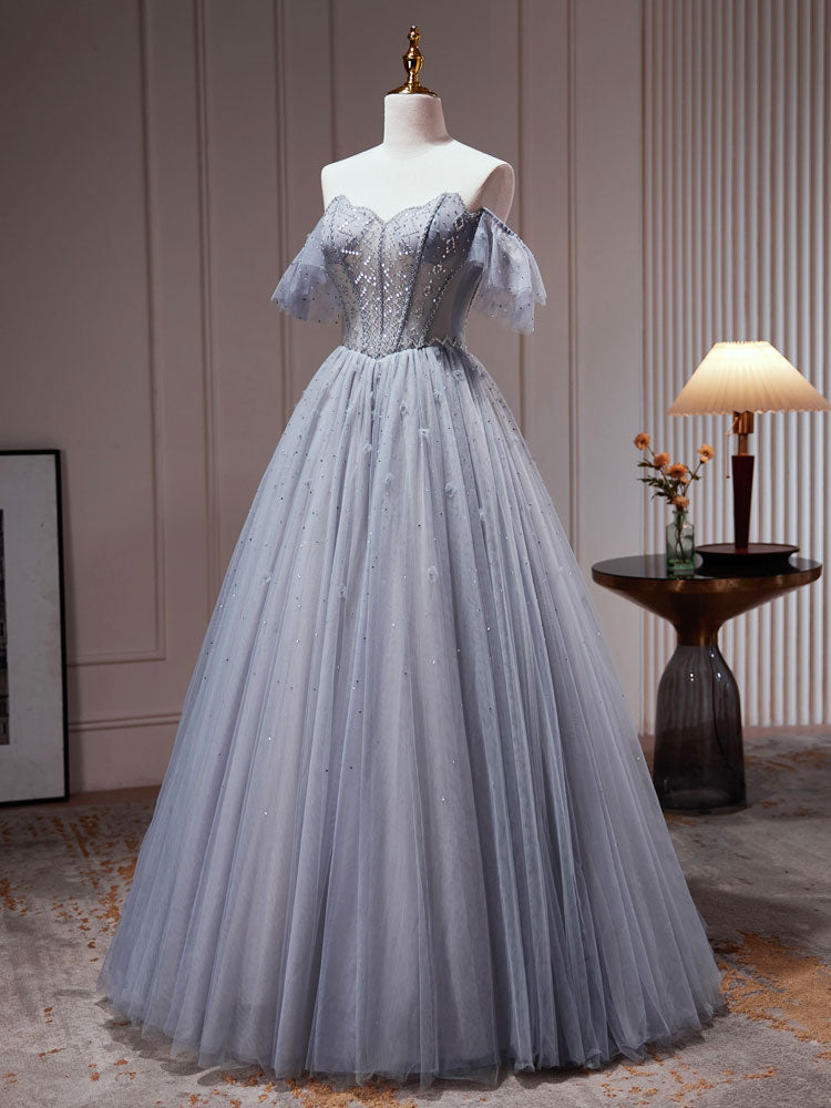 A-Line Gray Blue Tulle Sequin Beading Long Prom Dress, Gray Blue Evening Dress