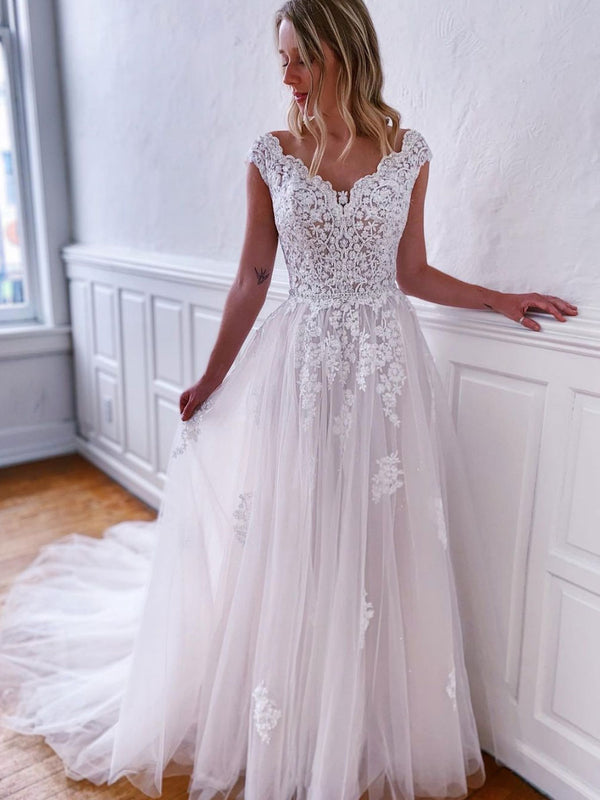 White v neck tulle lace long prom dress, white lace evening dress