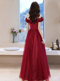 Burgundy off shoulder tulle long prom dress, burgundy evening dress