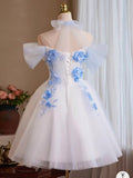 A-Line Off Shoulder Tulle Lace Applique White Prom Dress, White Homecoming Dress