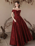 A-Line Off Shoulder Satin Burgundy Long Prom Dress, Burgundy Long Evening Dress