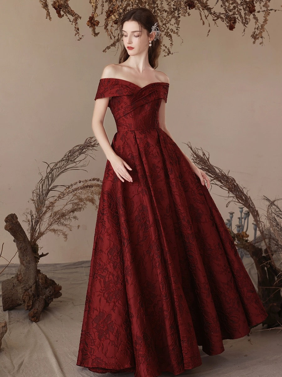 A-Line Off Shoulder Satin Burgundy Long Prom Dress, Burgundy Long Evening Dress