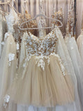 Champagne tulle lace short prom dress, lace homecoming dress