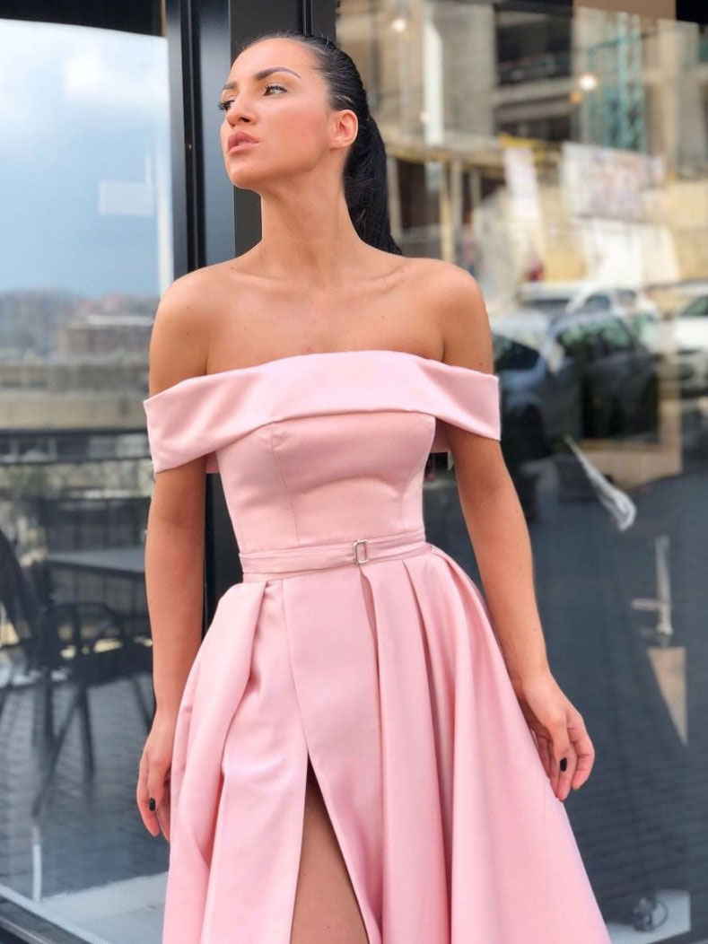 Simple A line pink satin long prom dress, pink evening dress