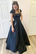 Simple black satin long prom dress black satin evening dress