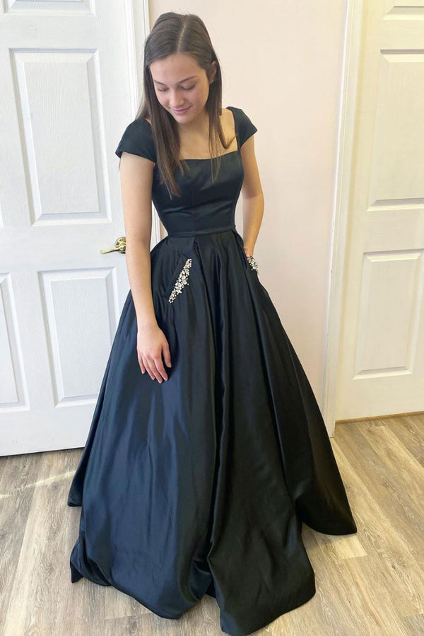 Simple black satin long prom dress black satin evening dress