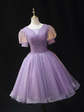 Purple V Neck Tulle Beading Sequin Short Prom Dress, Purple Homecoming Dress