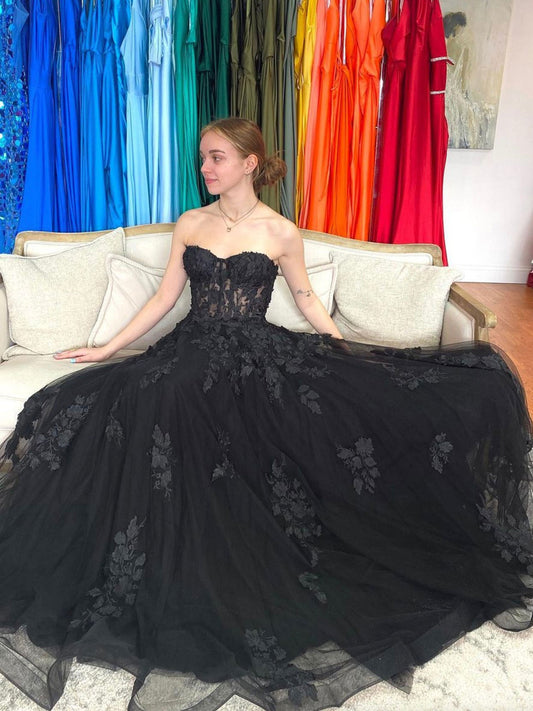 Black A line tulle lace long prom dress, black tulle formal dress