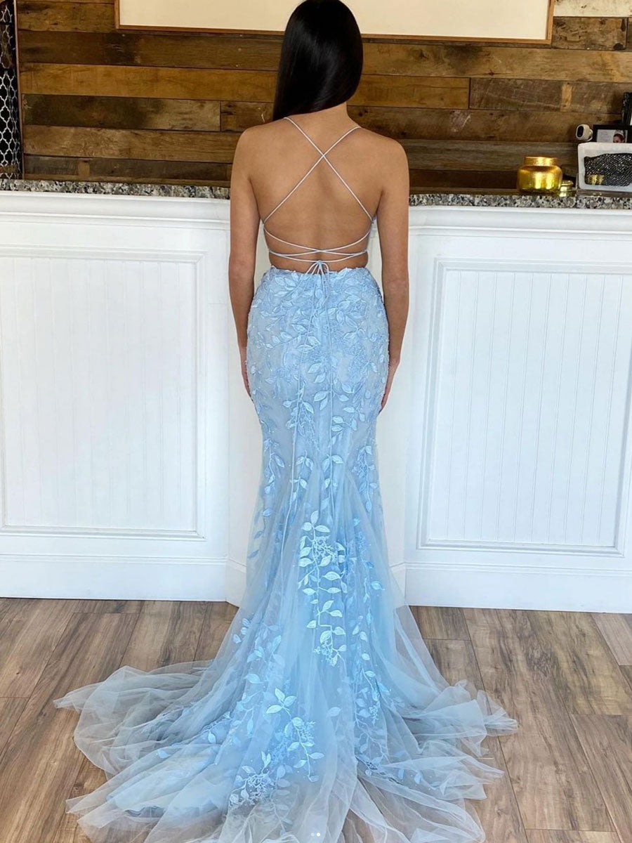 Blue tulle long mermaid evening dress, two pieces blue prom dress
