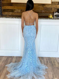 Blue tulle long mermaid evening dress, two pieces blue prom dress