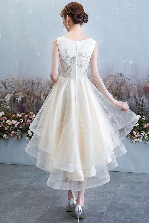 Champagne tulle lace high low prom dress, homecoming dress
