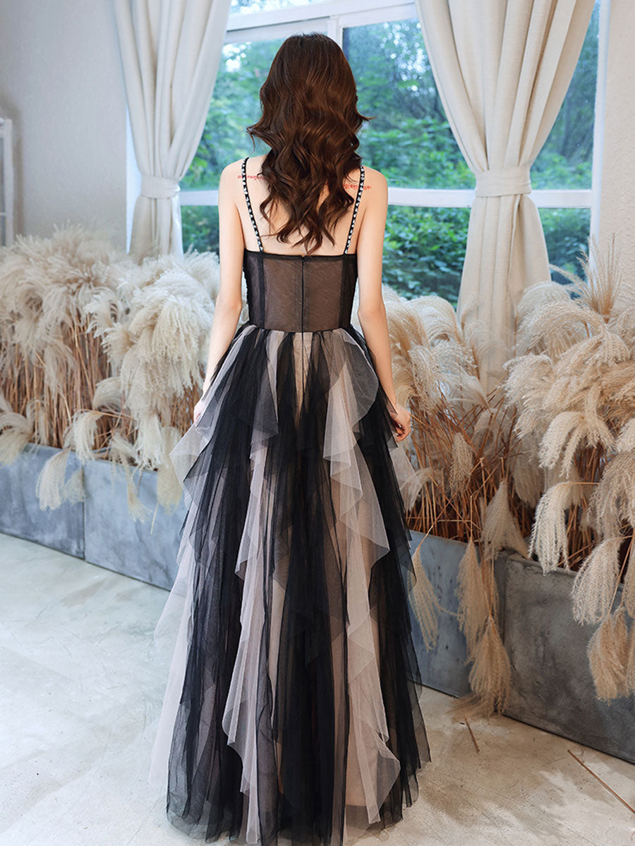 Black Aline  tulle long prom dress, black lace formal evening dress