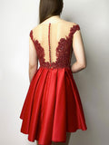 Red round neck satin lace beads short prom dress red homecoming dress