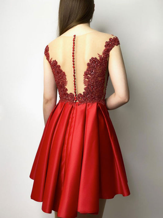 Red round neck satin lace beads short prom dress red homecoming dress