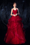Burgundy tulle long prom dress, burgundy evening dress