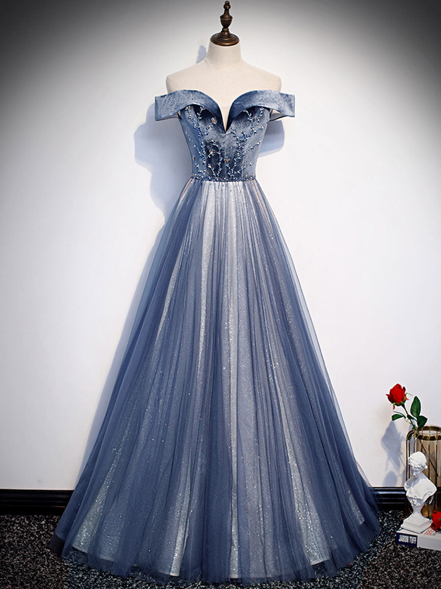 Blue off shoulder tulle long prom dress, blue tulle formal dress