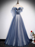 Blue off shoulder tulle long prom dress, blue tulle formal dress