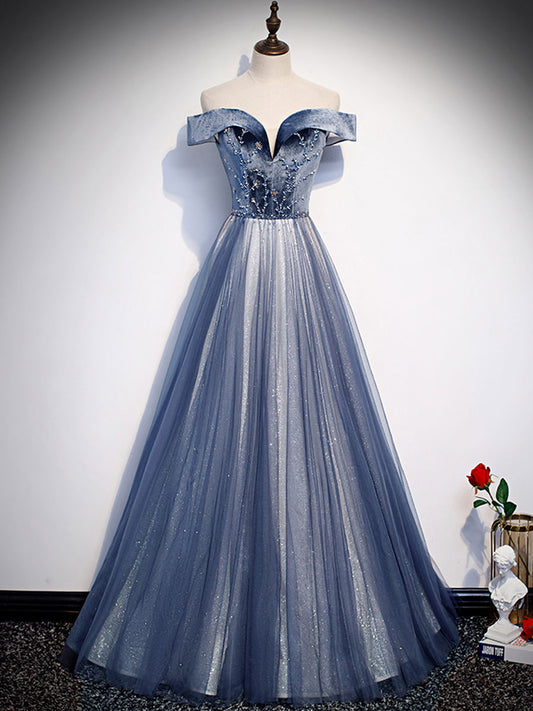 Blue off shoulder tulle long prom dress, blue tulle formal dress