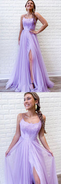 Purple tulle lace long prom dress purple formal dress