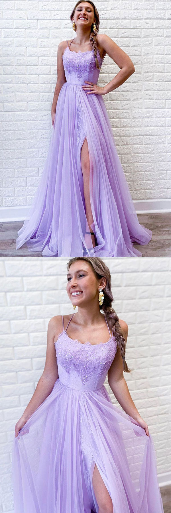 Purple tulle lace long prom dress purple formal dress