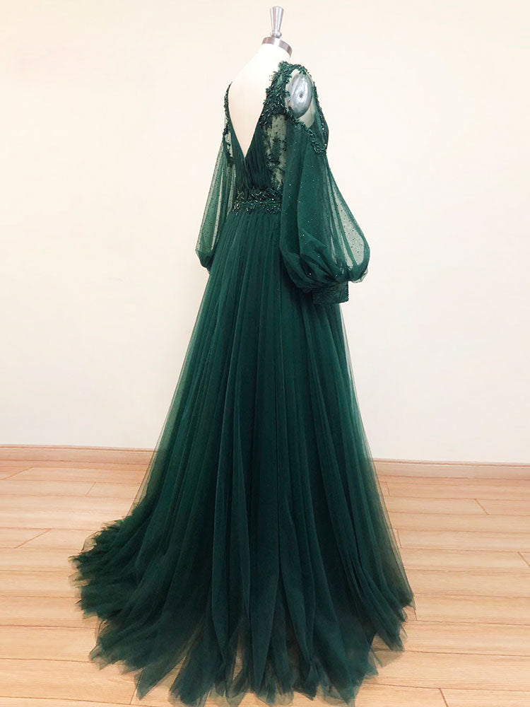 Green v neck lace A line long prom dress, green tulle evening dress