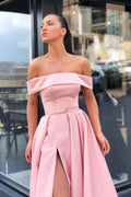 Simple pink off shoulder satin long prom dress pink formal dress