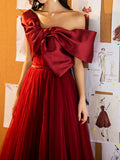 A-Line Tulle Burgundy Long Prom Dresses, Burgundy Formal Evening Dresses