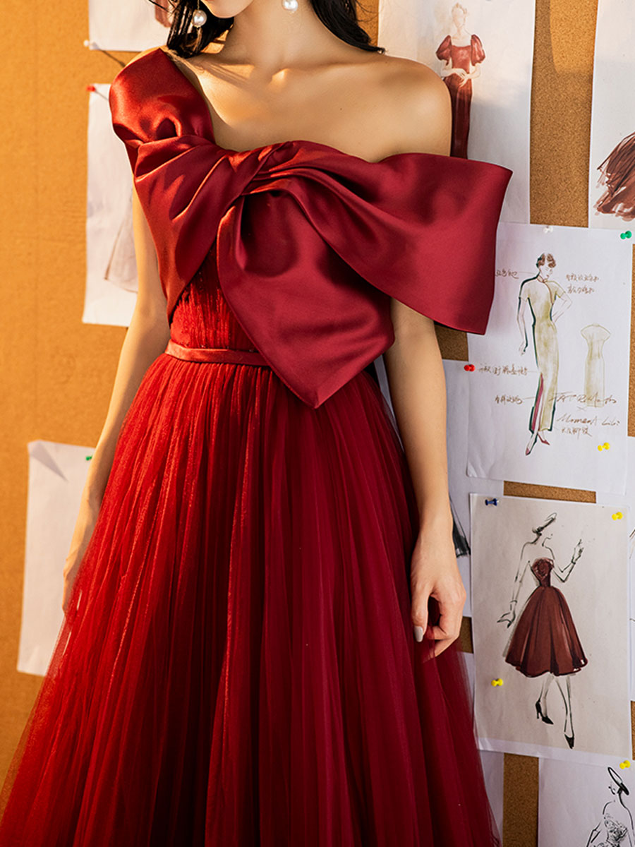 A-Line Tulle Burgundy Long Prom Dresses, Burgundy Formal Evening Dresses