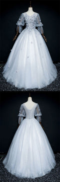 Gray v neck tulle lace long prom dress gray formal dress