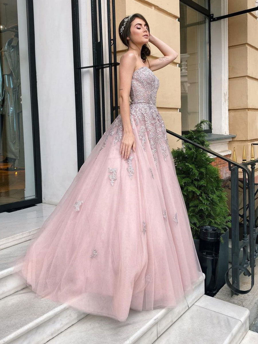 Pink tulle lace long prom dress, pink tulle lace evening dress