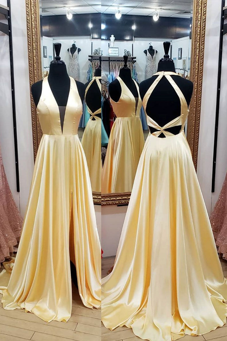 Simple yellow satin long prom dress yellow evening dress