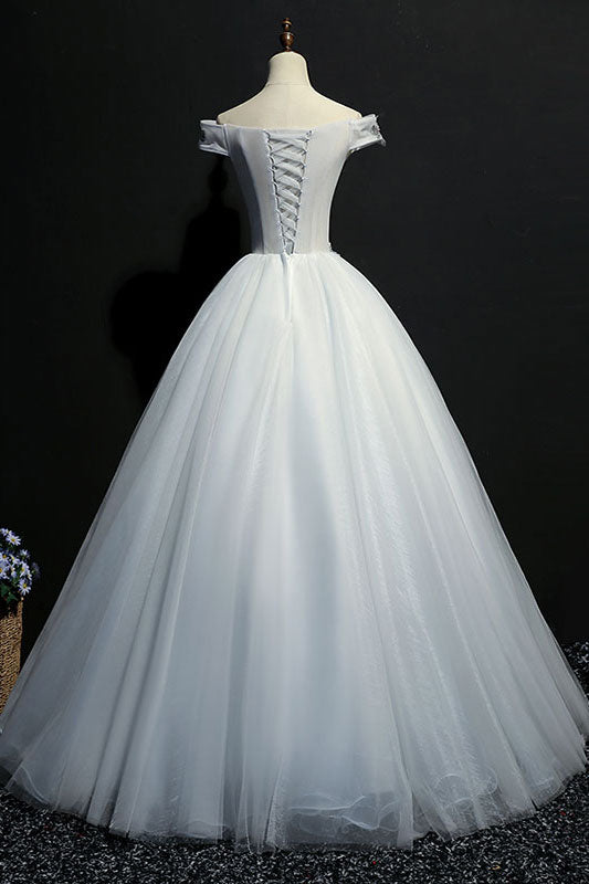 Gray tulle lace off shoulder long prom dress, gray evening dress